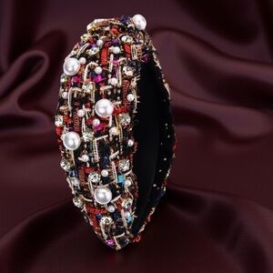 Crystal and Pearl Headband Tweed Head Bands Multi colored top knot for women New